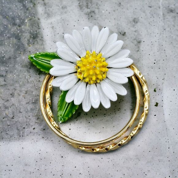 Daisy Flower Brooch Vintage Enamel Double Circle 10k Gold Plated 3D Jewelry - Picture 1 of 9